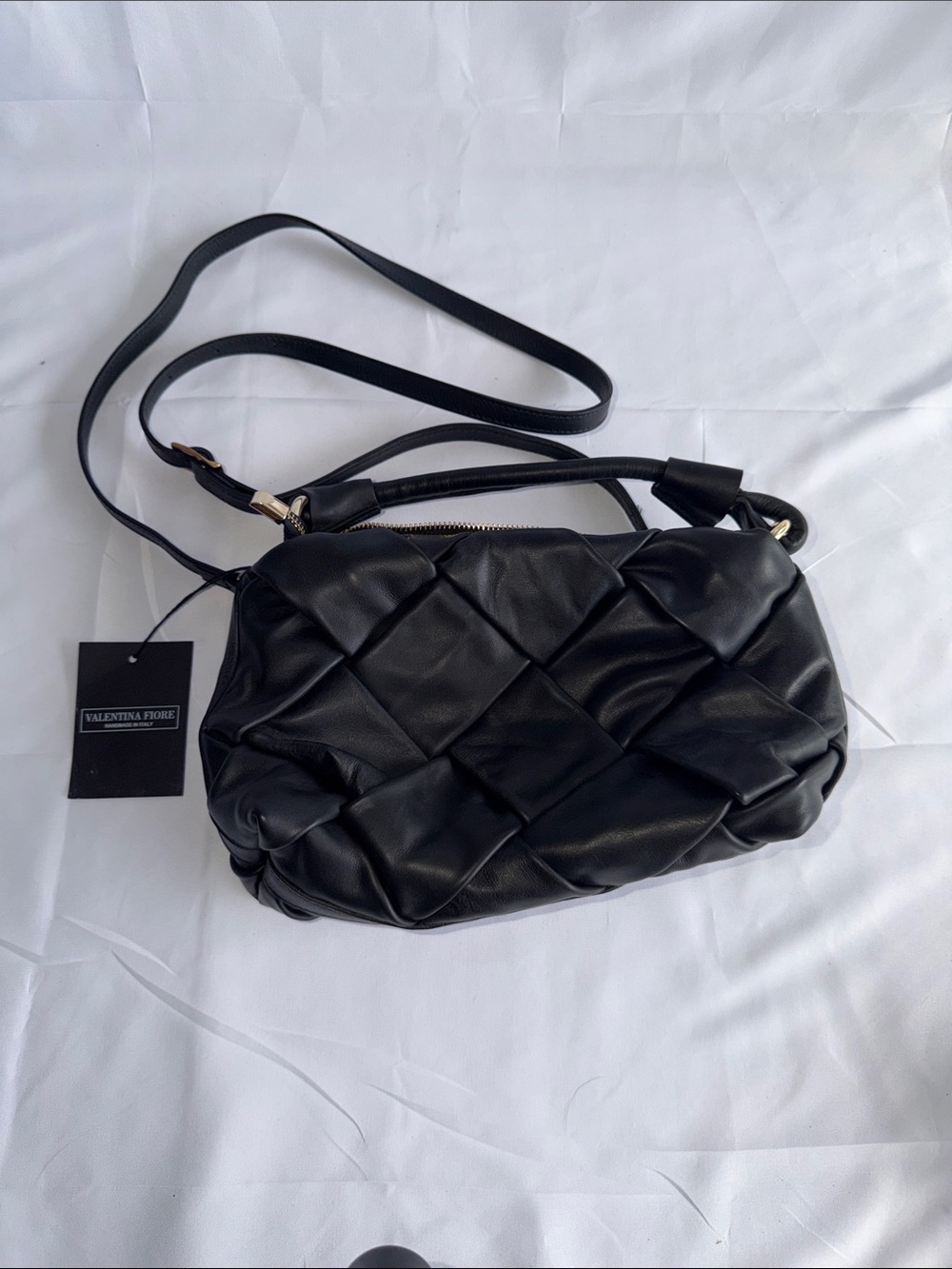 Valentina Fiore Black Intrecciato Maxi Woven Leather Crossbody Bag